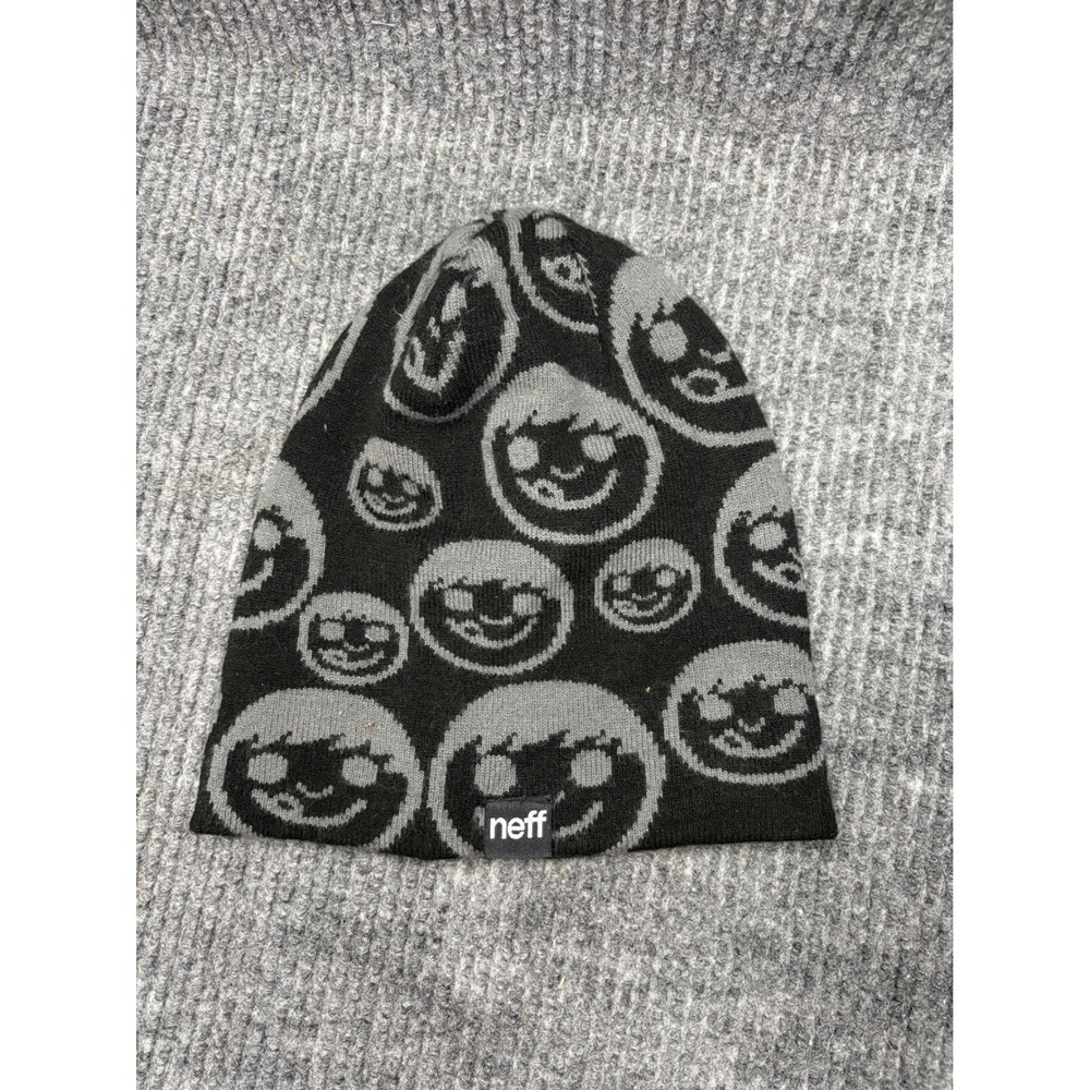 Neff Beanie Black Grey Smiley Face Graphic Knit Skater Snowboard Hat One Size
